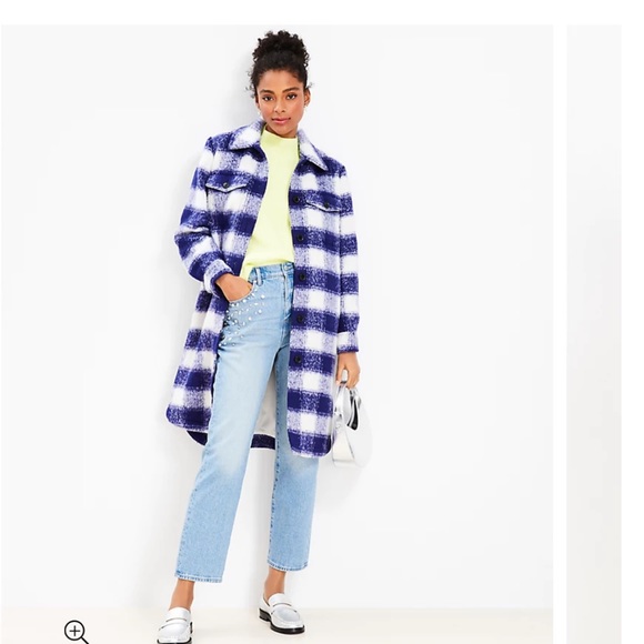 NWT LOFT brushed long shirt jacket plaid blue and white - Picture 2 of 7